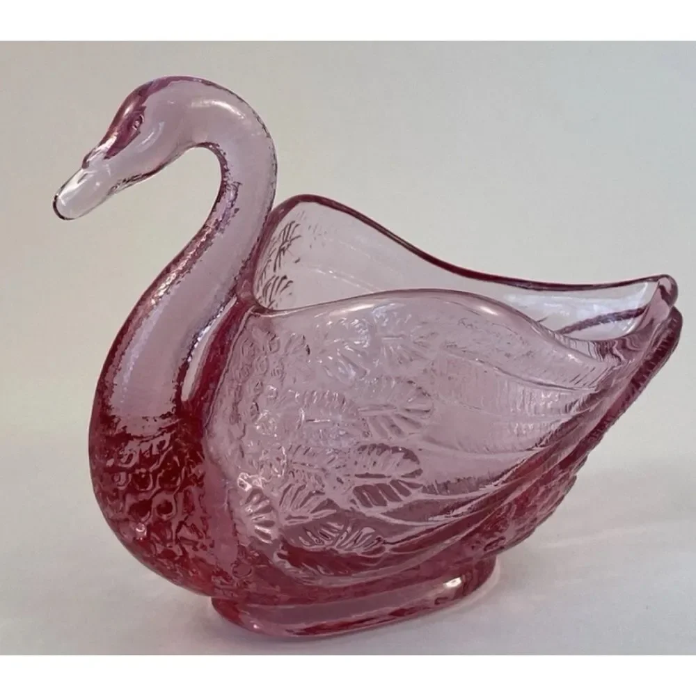 Vintage Fenton Art Glass Pink Fuchsia Open Swan Trinket Dish ~Stamped Logo
